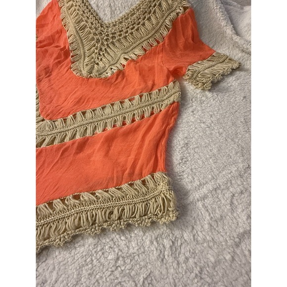 UMGEE Tunic Wm S Boho Stretch Knit Crochet Trim Bright Mango Festival Coverup - Picture 3 of 8